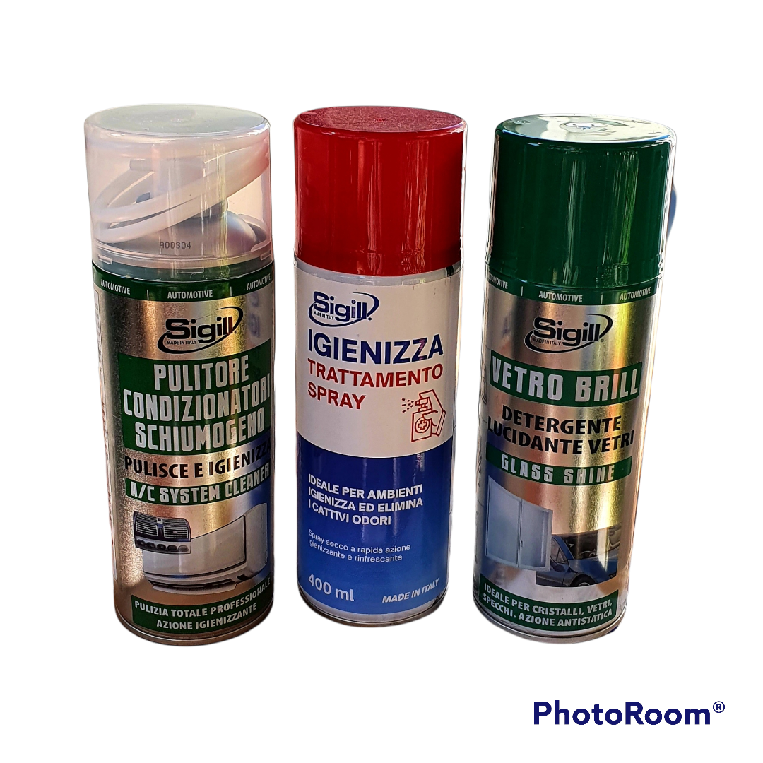 Tris Igienizzanti Spray per superfici ed aria condizionata auto e casa 400ml.