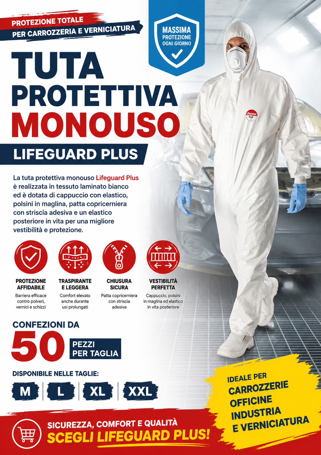 TUTA PROTETTIVA MONOUSO 50 PEZZI PER CARROZZERIA OFFICINE INDUSTRIA E VERNICIATURA CONFEZIONE
