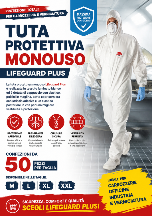 TUTA PROTETTIVA MONOUSO 50 PEZZI PER CARROZZERIA OFFICINE INDUSTRIA E VERNICIATURA CONFEZIONE